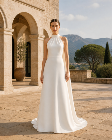 MANT High Halter Neckline Clean Fitted Bodice Mini Wedding Dress