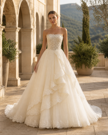 MANT Strapless Lace Bodice Fitted Corset Ball Gown Wedding Dress