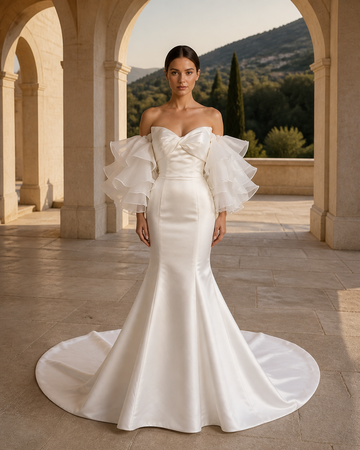 MANT Twisted Off-Shoulder Bodice Tiered Ruffle Sleeves Mermaid Wedding Dress