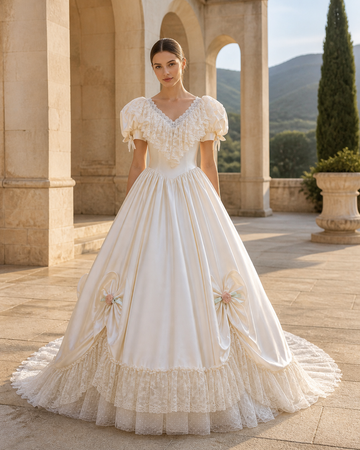 MANT Layered V-Neckline Puff Sleeves A-Line Wedding Dress