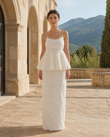 MANT Fine Shoulder Straps Textured Bodice Tea-Length Wedding Dress