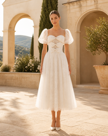 MANT Soft Square Neckline Sheer Puff Sleeves Tea-Length Wedding Dress