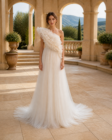 MANT One-Shoulder Neckline Sculptural Tulle Ruffle A-Line Wedding Dress