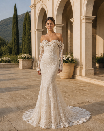 MANT Floral Off-Shoulder Neckline Long Lace Sleeves Mermaid Wedding Dress