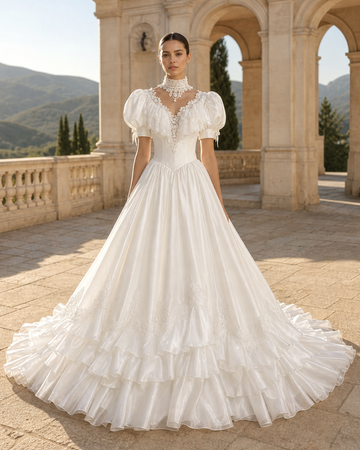 MANT High Lace Collar Puff Sleeves A-Line Wedding Dress