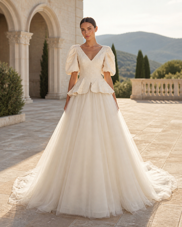 MANT Deep V-Neckline Short Puff Sleeves Mini Wedding Dress