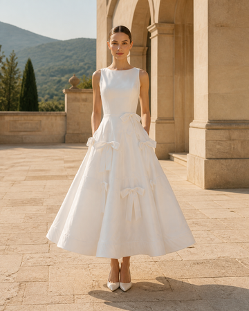 MANT Bateau Neckline Sleeveless Bodice Tea-Length Wedding Dress