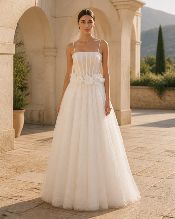 MANT Fine Shoulder Straps Sheer Boned Corset A-Line Wedding Dress