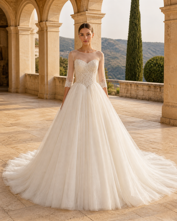 MANT Illusion Neckline Three-Quarter Lace Sleeves Ball Gown Wedding Dress