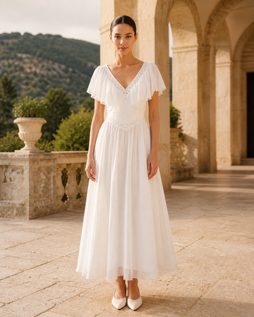 MANT V-Neckline Flutter Cape Sleeves Tea-Length Wedding Dress