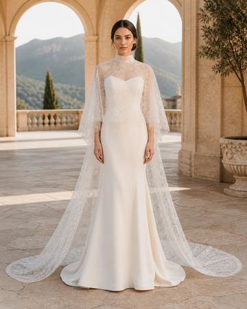 MANT Sweetheart Underlay High Lace Cape Column Wedding Dress