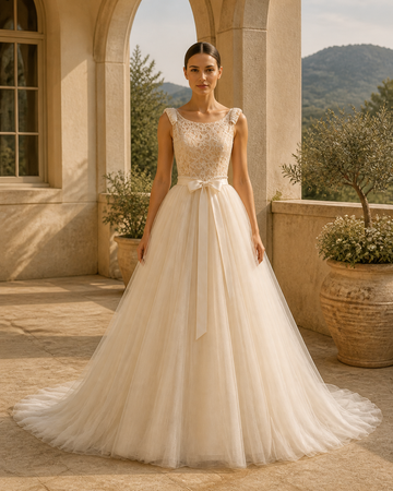 MANT Lace Boat Neckline Sleeveless Bodice Ball Gown Wedding Dress