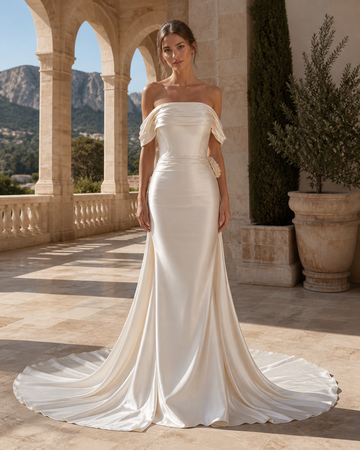 MANT Off-Shoulder Neckline Soft Satin Drape Column Wedding Dress