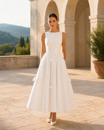 MANT Bateau Neckline Sleeveless Bodice Tea-Length Wedding Dress