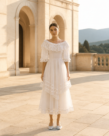 MANT Off-Shoulder Lace Ruffle Half Sleeves Tea-Length Wedding Dress
