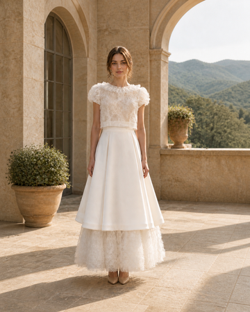 MANT Cropped Floral Top Cap Sleeves A-Line Wedding Dress