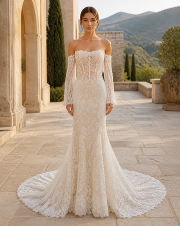 MANT Off-Shoulder Neckline Sheer Lace Corset Mermaid Wedding Dress