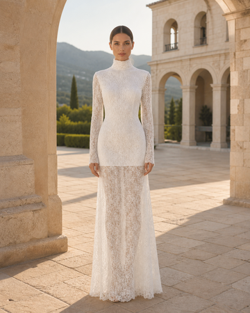 MANT High Lace Neckline Long Sleeves Column Wedding Dress