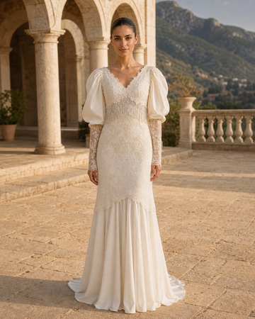 MANT V-Neck Lace Bodice Puff Sleeves A-Line Wedding Dress