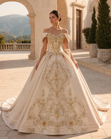 MANT Off-Shoulder Neckline Metallic Baroque Embroidery Ball Gown Wedding Dress