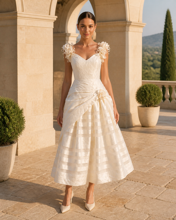 MANT Floral Off-Shoulder Straps Ruched Corset Tea-Length Wedding Dress