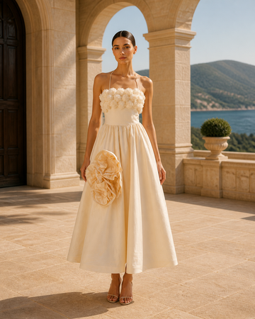 MANT Halter Tie Neck Textured Floral Bodice Tea-Length Wedding Dress