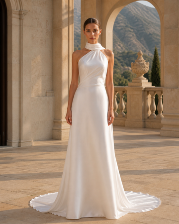 MANT Halter Scarf Neckline Asymmetric Drape A-Line Wedding Dress
