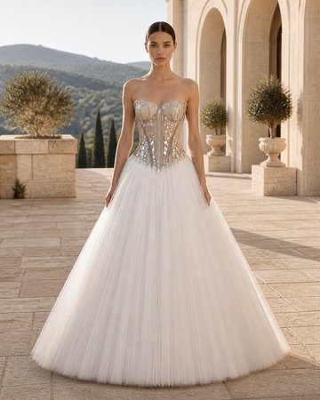 MANT Strapless Neckline Sculpted Silver Corset A-Line Wedding Dress