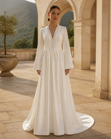 MANT Plunging V-Neck Long Sleeves A-Line Wedding Dress