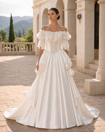 MANT Ruffled Off-Shoulder Neckline Lace-Up Corset A-Line Wedding Dress