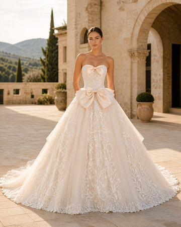 MANT Strapless Lace Bodice Bow Accents Ball Gown Wedding Dress