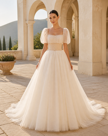 MANT Square Neckline Puff Sleeves Ball Gown Wedding Dress
