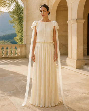 MANT Round Neckline Ruffled Cap Sleeves Column Wedding Dress