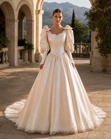 MANT Sculpted Puff Sleeves Shoulder Rosettes A-Line Wedding Dress