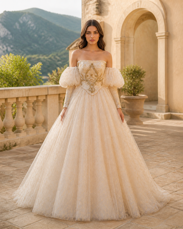 MANT Off-Shoulder Puff Sleeves Metallic Embroidered Corset A-Line Wedding Dress