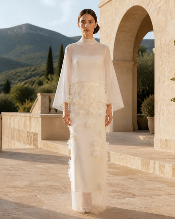 MANT High Sheer Neckline Cape Sleeves Column Wedding Dress