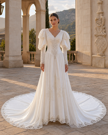 MANT Lace-Framed V-Neck Statement Puff Sleeves A-Line Wedding Dress