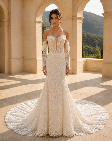 MANT Off-Shoulder Lace Sleeves Sheer Corset Bodice Mermaid Wedding Dress