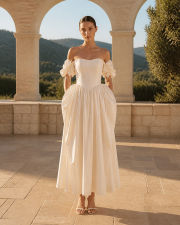 MANT Straight Off-Shoulder Neckline Floral Sleeve Ties Tea-Length Wedding Dress