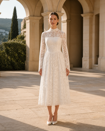 MANT High Lace Neckline Long Sleeves Tea-Length Wedding Dress