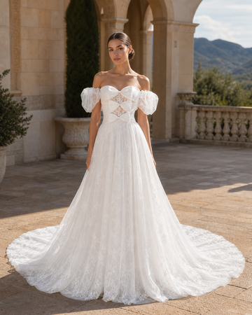 MANT Puffed Off-Shoulder Sleeves Cutout Corset Bodice A-Line Wedding Dress